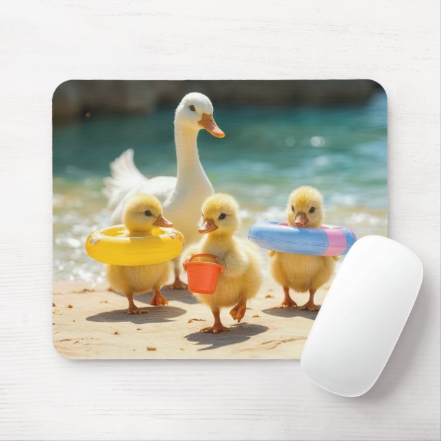 White Duck With Ducklings On the Beach Mouse Pad (With Mouse)