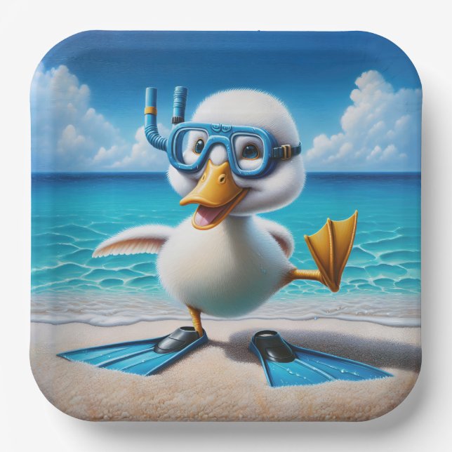 White Duck With Snorkel On Beach Paper Plates (Front)