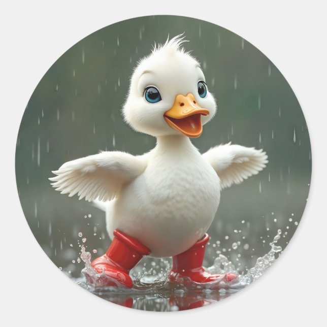 White Duckling Splashing In a Rain Puddle Classic Round Sticker (Front)
