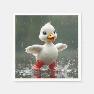 White Duckling Splashing In a Rain Puddle Napkins