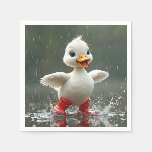 White Duckling Splashing In a Rain Puddle Napkins (Front)