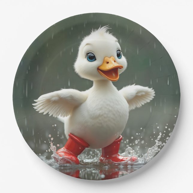 White Duckling Splashing In a Rain Puddle Paper Plates (Front)