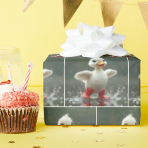 White Duckling Splashing In a Rain Puddle Wrapping Paper