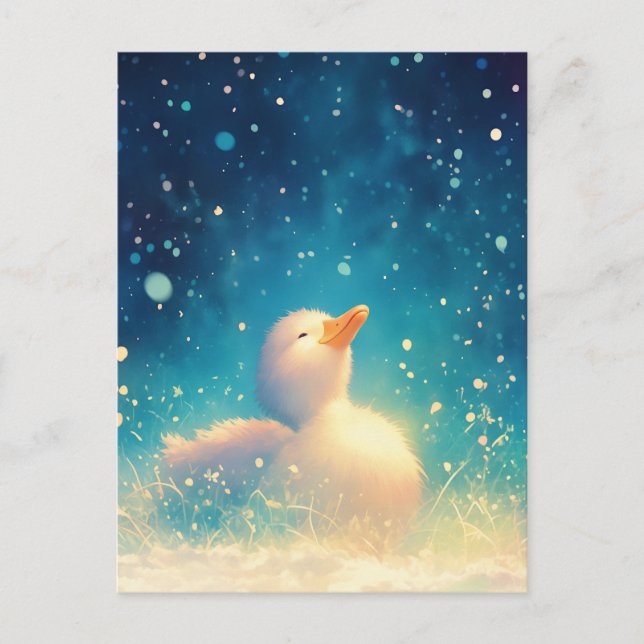White Duckling Under Starry Night Sky Winter Postcard (Front)