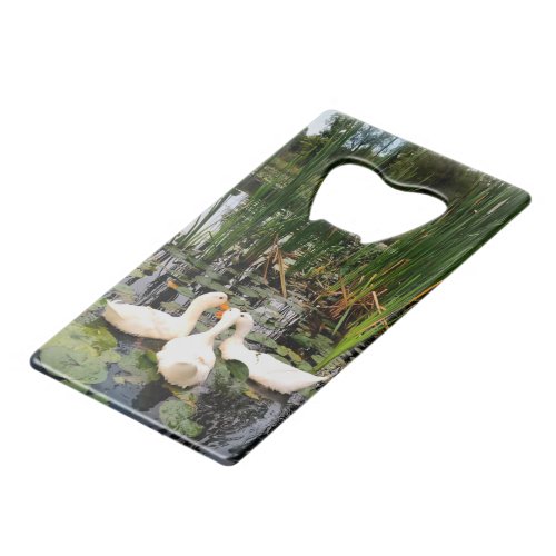 White ducks lily pads cattails lake shore credit card bottle opener