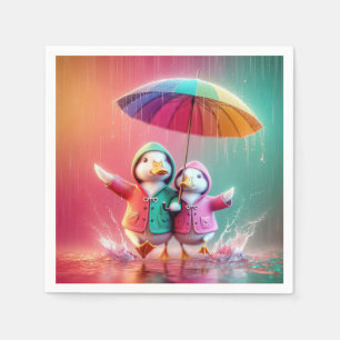 White Ducks Walking In The Rain Napkins