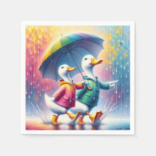 White Ducks Walking In The Rain Napkins