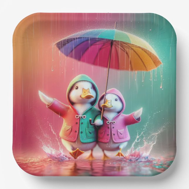 White Ducks Walking In The Rain Paper Plates (Front)