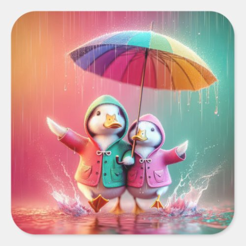 White Ducks Walking In The Rain Square Sticker