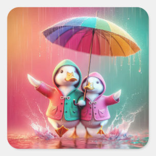White Ducks Walking In The Rain Square Sticker