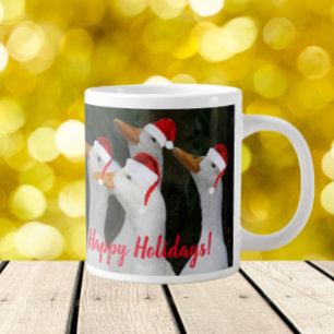 White Ducks Wearing Red Santa Hats Holiday Giant Coffee Mug