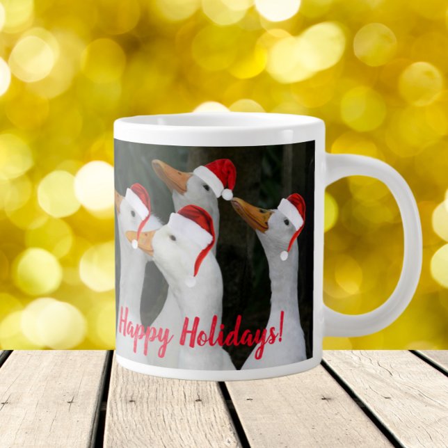 White Ducks Wearing Red Santa Hats Holiday Giant Coffee Mug (In Situ Holidays)