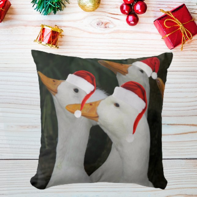 White Ducks Wearing Red Santa Hats Holiday Throw Pillow (In Situ Holiday)