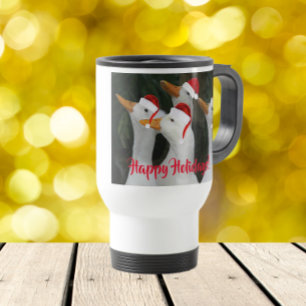 White Ducks Wearing Red Santa Hats Holiday Travel Mug