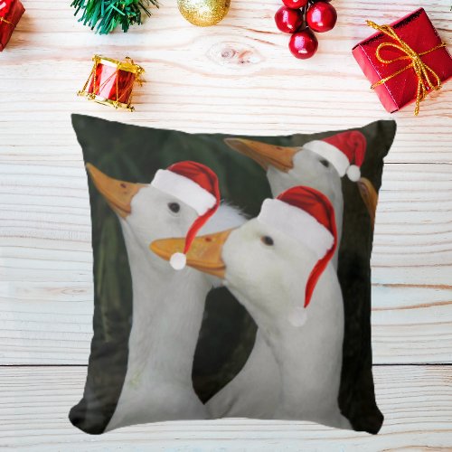White Ducks Wearing Santa Hats Holiday Throw Pillow