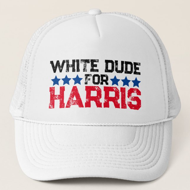 White Dude for Harris 2024 Kamala Madam President Trucker Hat (Front)