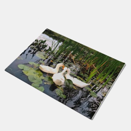White dusks, cattails, lily pads, lakeshore design doormat Zazzle