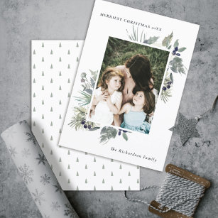 White Dusky Green Merriest Christmas Foliage Photo Holiday Card