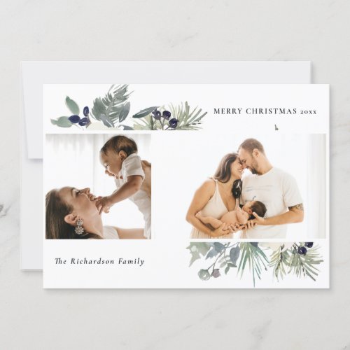 White Dusky Green Merry Christmas Foliage 2 Photo Holiday Card