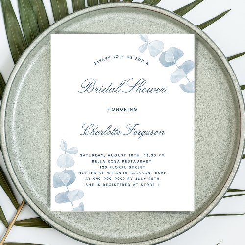 White dusty blue bridal shower budget invitation flyer