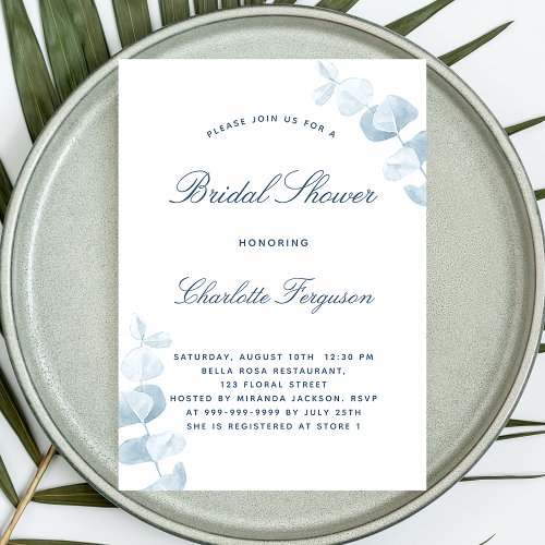 White dusty blue eucalyptus bridal shower invitation