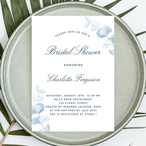 White dusty blue eucalyptus luxury bridal shower invitation