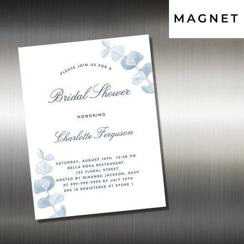 White dusty blue eucalyptus luxury bridal shower magnetic invitation