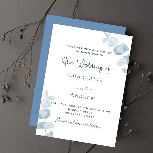 White dusty blue eucalyptus wedding invitation