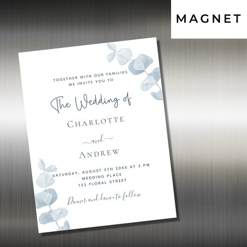 White dusty blue eucalyptus wedding luxury magnetic invitation