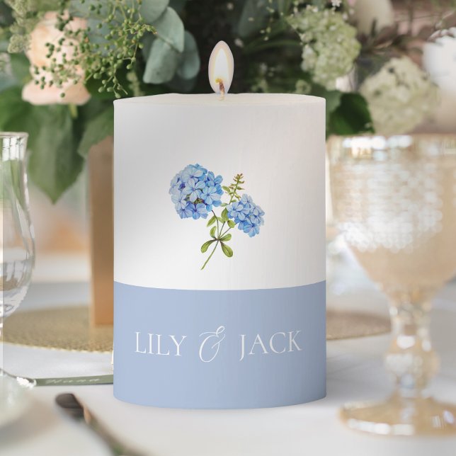 White & Dusty Blue Floral Hydrangea Wedding Event  Pillar Candle (Creator Uploaded)