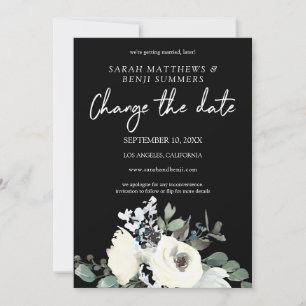 White & Dusty Blue Floral on Black Change the Date Invitation