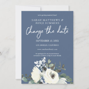White & Dusty Blue Floral on Blue Change the Date Invitation