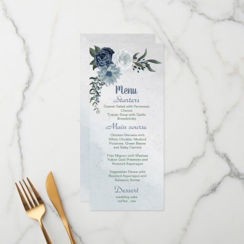 white dusty blue  navy flowers greenery menu