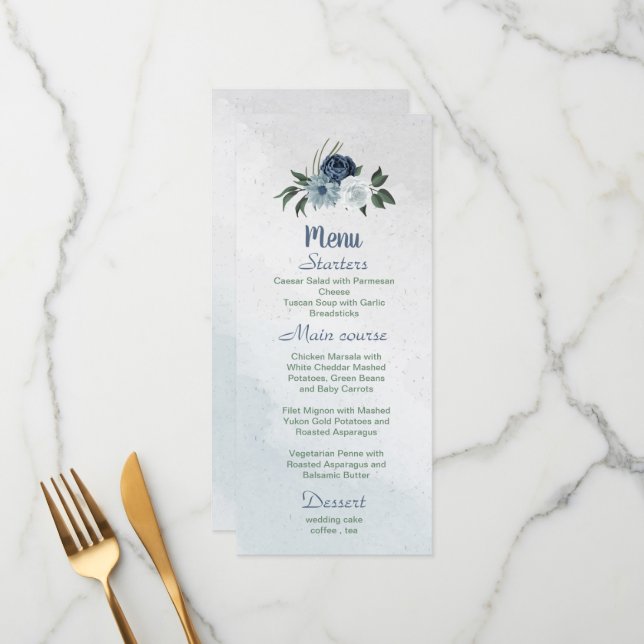 white dusty blue & navy flowers greenery menu (Front/Back In Situ)