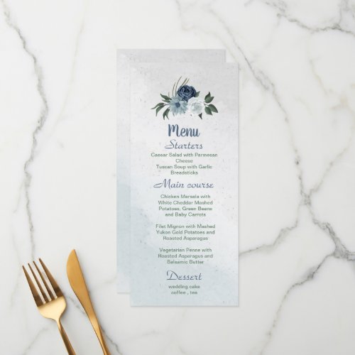 white dusty blue  navy flowers greenery menu