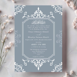 White Dusty Blue Ornament Vintage Islamic Wedding Invitation