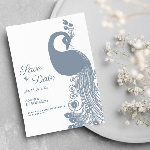 White dusty blue peacock elegant Save the Date Invitation