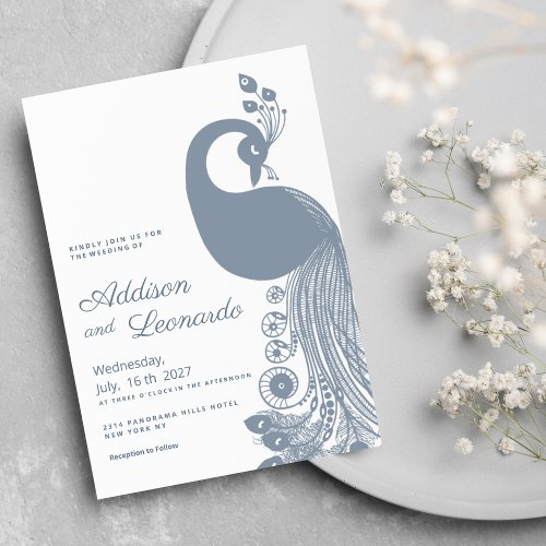 White dusty blue royal peacock elegant Wedding Invitation