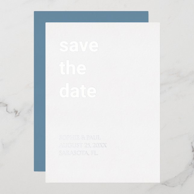 White Dusty Blue Save the Date Silver Foil Invitation (Front/Back)