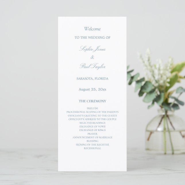 White Dusty Blue Wedding Program (Standing Front)