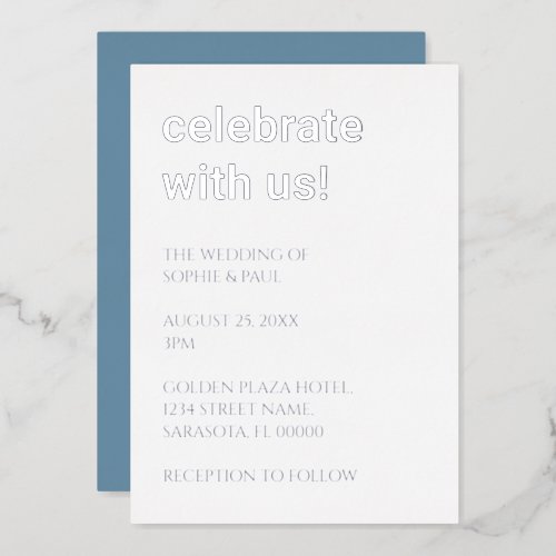 White Dusty Blue Wedding Silver Foil Invitation