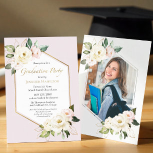White & Dusty Pink Floral Graduation Party Photo Invitation