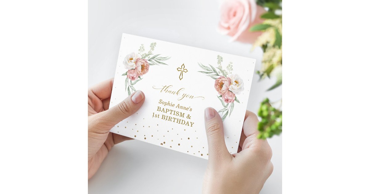 White Dusty Rose Floral 1st Birthday Baptism Thank You Card | Zazzle