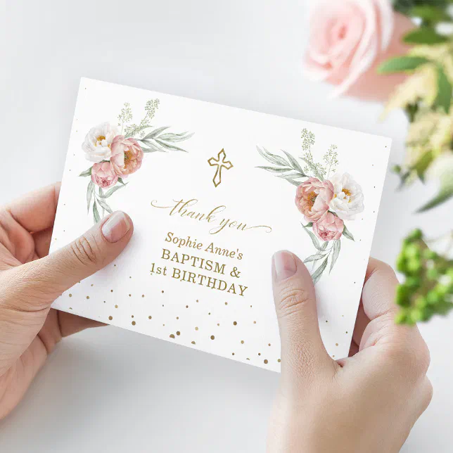 White Dusty Rose Floral 1st Birthday Baptism Thank You Card | Zazzle