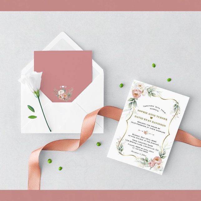 White Dusty Rose Floral Gold Airy Greenery Wedding Invitation (Creator Uploaded)