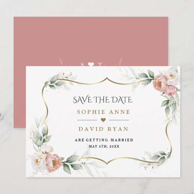 White Dusty Rose Floral Gold Airy Greenery Wedding Save The Date (Front/Back)