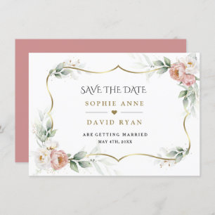 White Dusty Rose Floral Gold Airy Greenery Wedding Save The Date