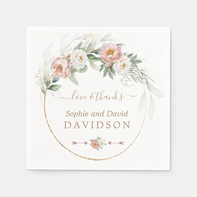 White Dusty Rose Floral Gold Greenery Wedding Napkins (Front)
