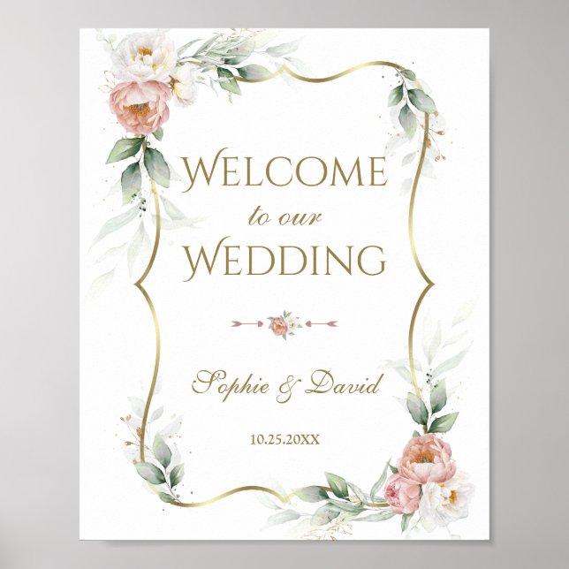 White Dusty Rose Floral Gold Greenery Wedding Sign (Front)