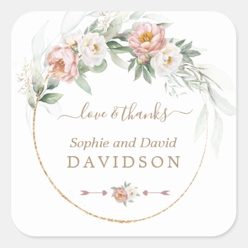 White Dusty Rose Floral Gold Greenery Wedding Square Sticker